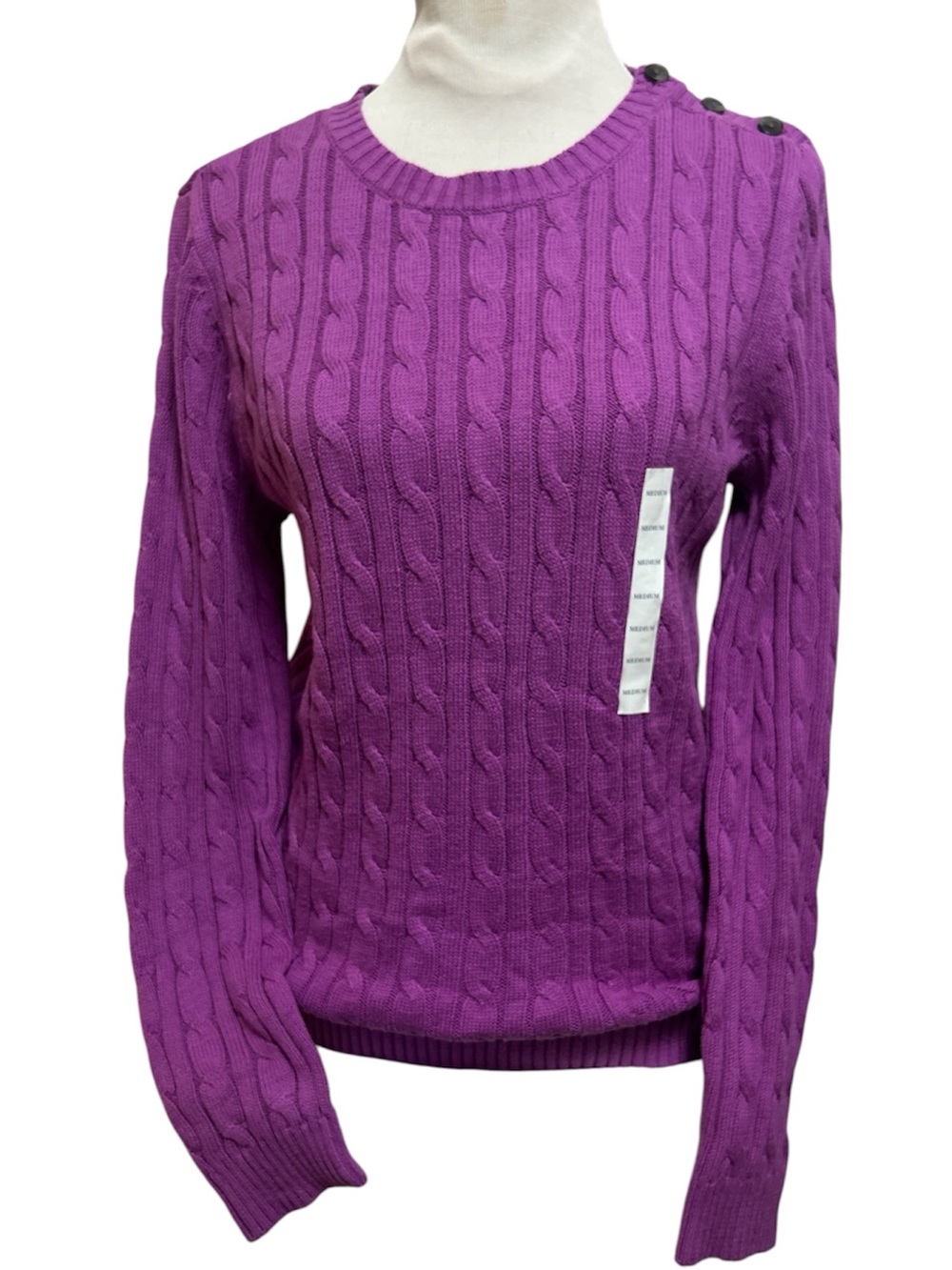 NWT Croft & Barrow Lavender Cable Knit Crewneck Sweater Button Detail Medium